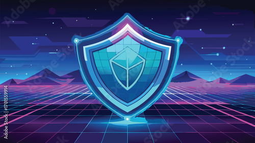 Abstract illustration of a futuristic data security shield protecting digital information within a retro landscape.