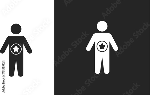 Human body figure with star symbol inside stomach area, medical healthcare wellness icon, digestive system concept, hospital recovery design graphic.