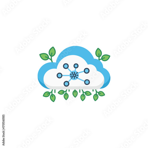 Eco-friendly cloud computing network, symbolized by a blue cloud with green leaves and interconnected nodes.