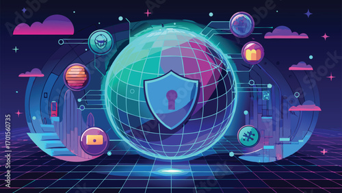 Cyber security concept illustration featuring a globe shield and abstract elements ideal for technology and data protection.