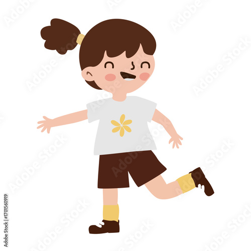 Smiling little girl in a playful pose wearing a flower shirt. Cute flat vector illustration for kids, education, and childhood themes.