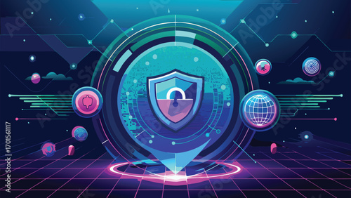 Cyber security protection concept depicting global digital network shielding sensitive information against threats with modern visuals