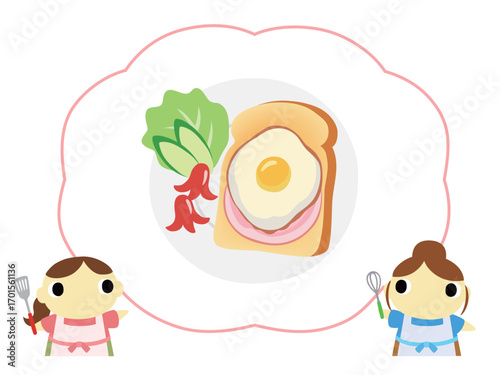 朝食メニューを紹介するエプロン姿の女性　目玉焼きトースト