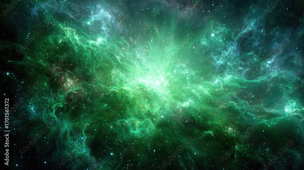Naklejka premium Vibrant Green Nebula In Deep Space
