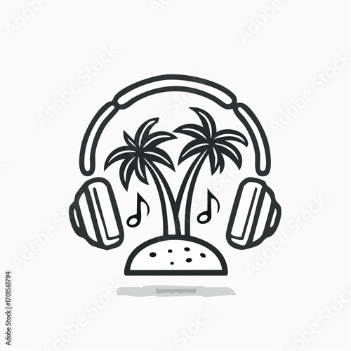 Line art illustration of an island with palm trees and musical notes inside headphones, symbolizing tropical music, summer relaxation, and an escape to a serene paradise