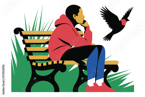 Person in red hoodie sitting on park bench looking at a bird flying nearby