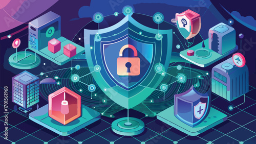 Cybersecurity and data protection concept depicted with shields padlocks and networked elements on a transparent backdrop