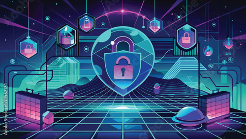 Cybersecurity illustration with futuristic neon aesthetics showcasing digital security and data protection concepts