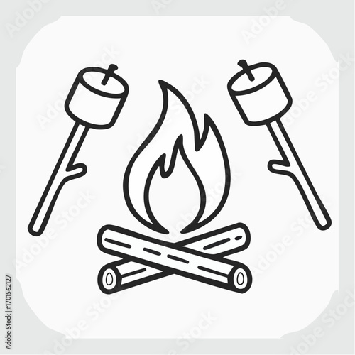 Illustration of two marshmallows roasting over a campfire, ideal for outdoor activities and camping themes