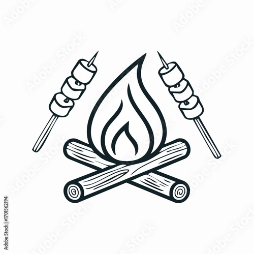 Hand-drawn sketch of a bonfire and roasting marshmallows, symbolizing camping, fun, and outdoor recreation