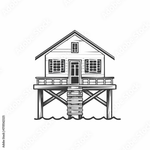 Vintage illustration of a wooden beach house on stilts over calm water with a simple staircase leading up