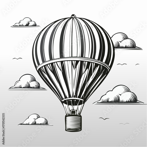 Whimsical Hot Air Balloon Among Fluffy Clouds in Artistic Sketch