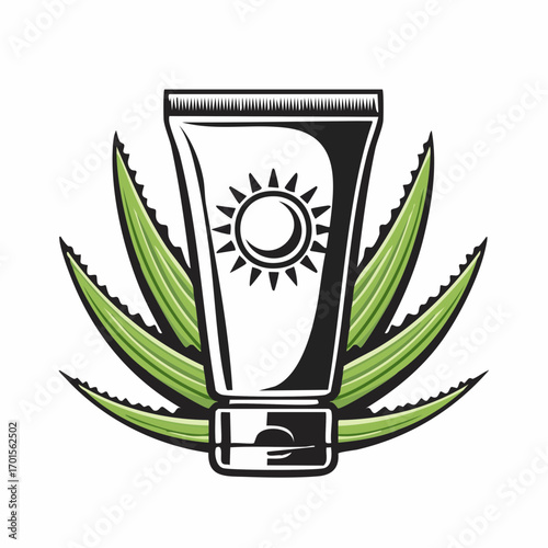 Embrace the sun safely and naturally with this graphic illustration featuring a sunscreen tube paired with soothing aloe vera leaves, symbolizing natural sun protection and skin care