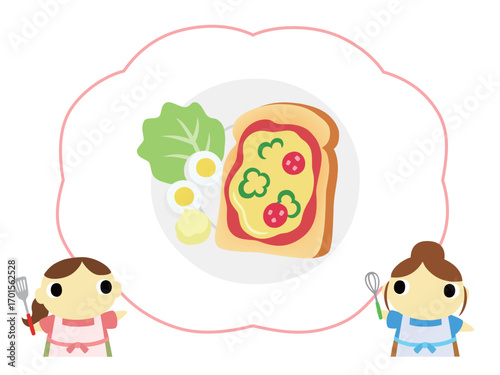 朝食メニューを紹介するエプロン姿の女性　ピザトースト
