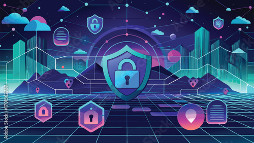 Digital cybersecurity and data protection concept illustrating a shielded lock in a futuristic environment suitable for various projects