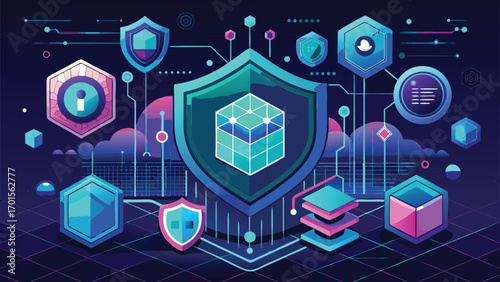 Digital cybersecurity and data protection concept depicted with shields and geometric elements on a dark background