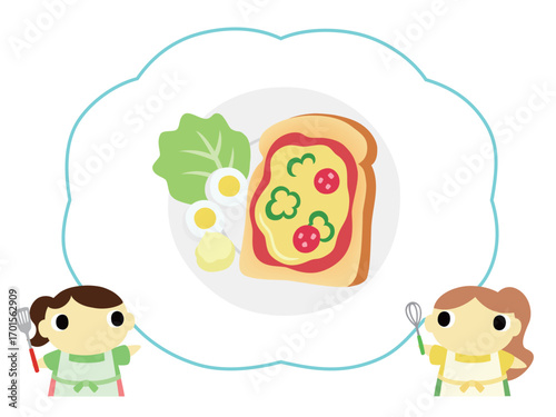 朝食メニューを紹介するエプロン姿の女性　ピザトースト