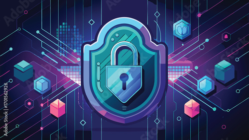 Digital cybersecurity concept illustrating data protection and network security with locked shield icon and circuitry