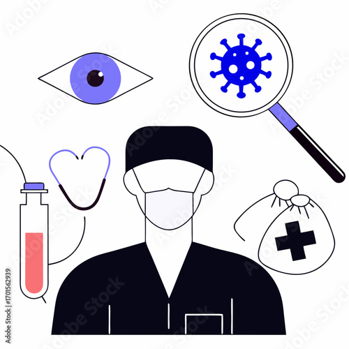 Medical professional examining virus and health symbols
