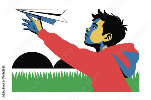 Young boy in red hoodie launching a paper airplane with hope and wonder in his eyes