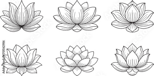 Set of six black line art lotus flowers, vector illustration, minimalistic floral design, spiritual and nature-themed symbols.