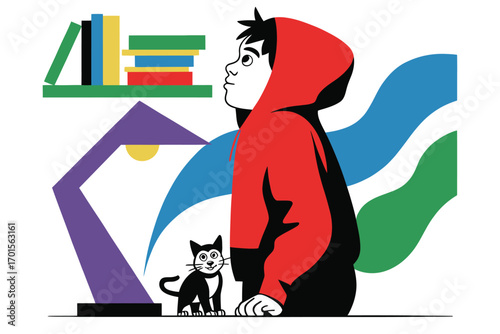 Young boy in red hoodie looking up thoughtfully next to a cat and books