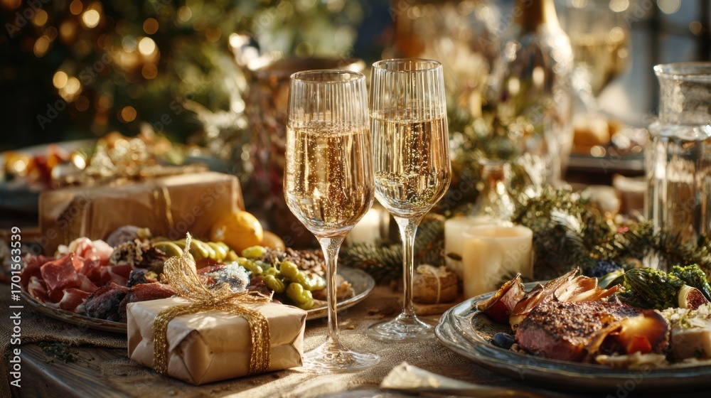 Fototapeta premium Festive Christmas Evening Tabletop Flat Lay with Food and Drinks