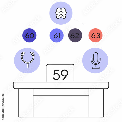 Brainstorming session with numbered ideas and presentation desk