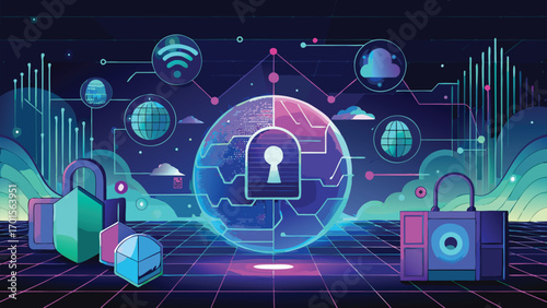 Digital data security conceptual illustration featuring locks globes wifi icons and technological elements in neon gradients