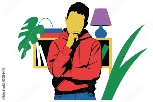 Young man in red hoodie thoughtfully touching chin in front of blackboard and lamp