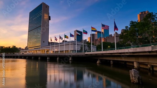 United Nations Headquarters at Sunset: Flags, Water, and Cityscape