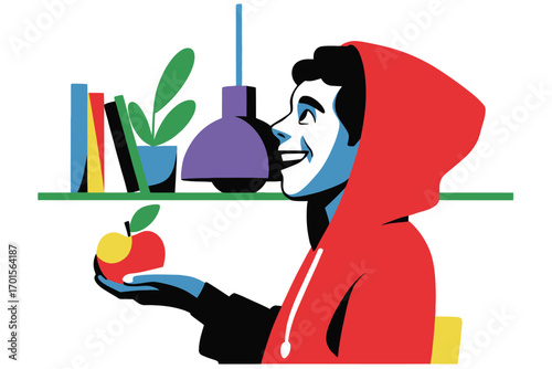 Young man in red hoodie holding a bitten apple in front of a shelf with books and plant