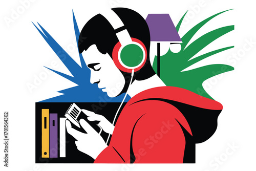 Young man wearing headphones and looking at his phone with books on a shelf