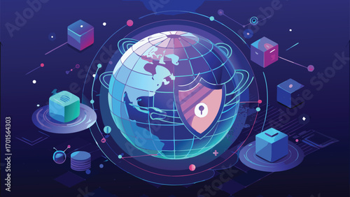 Digital globe shielding cybersecurity protecting global data servers and network connections in an isometric illustration