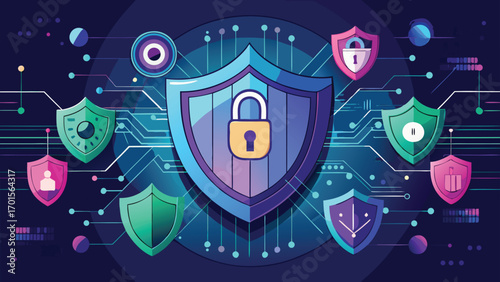 Digital security and cyber protection conceptual illustration with shields padlocks and circuit board designs