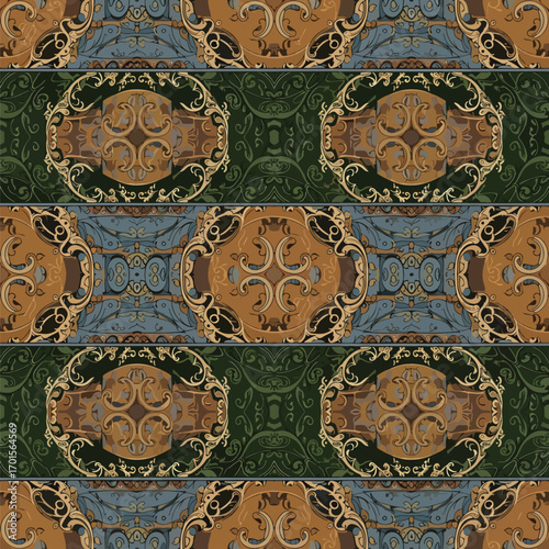 Ornate patterned background with vintage style motifs and intricate details, patern seamless, Stock royalty image.