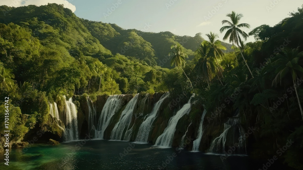 Naklejka premium Lush Tropical Waterfall in Green Jungle with Palm Trees and Mountain Background