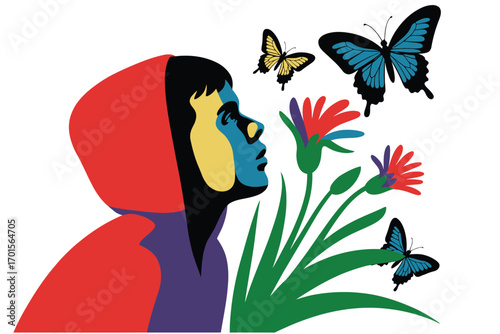 Young person in red hood gazes up at butterflies and flowers in vibrant illustration