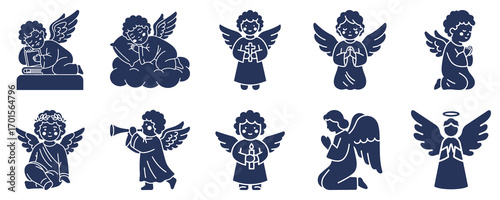 Set of angel illustrations in various poses and styles  