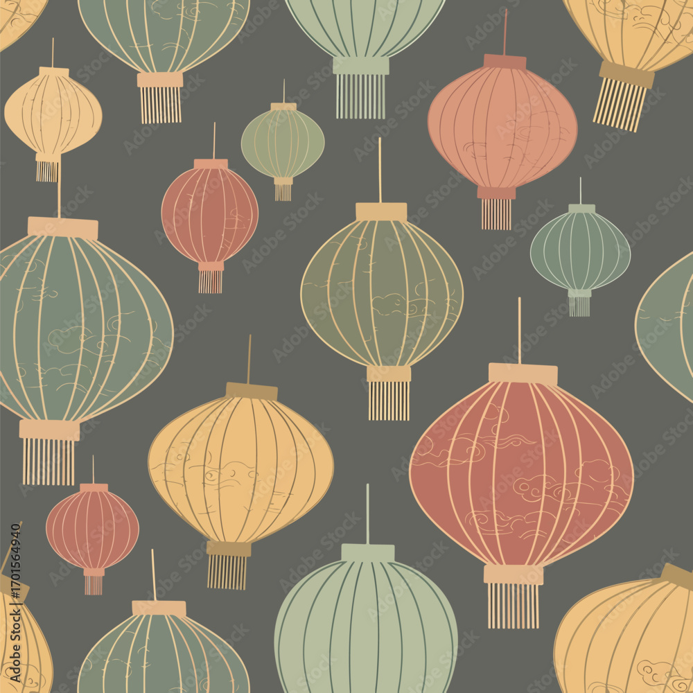 Obraz premium Colorful illustration of Chinese lanterns arranged in a seamless pattern on a dark background, seamless pattern, Stock royalty.