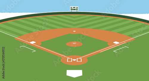 A baseball field is depicted from an elevated perspective, showcasing the diamond, bases, and outfield under a clear blue sky.