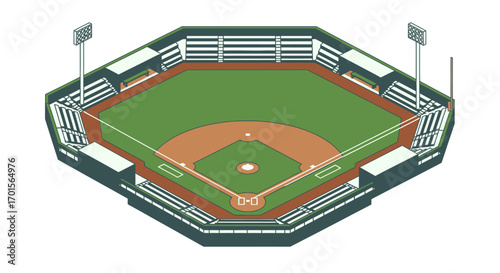 Isometric illustration of a baseball stadium with green field, brown base paths, stands, and lighting towers, viewed from above.