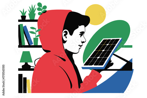 Young person in red hoodie examines solar panel in bright modern room with plants