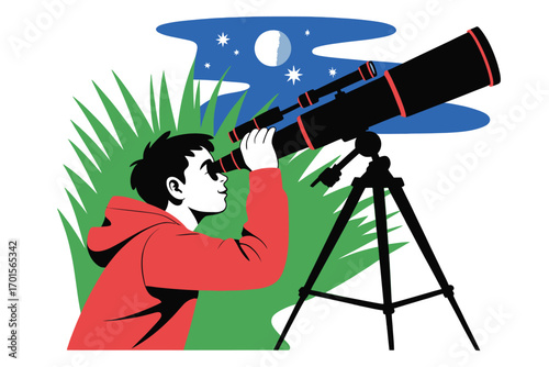 Young person in red hoodie looking through telescope at moon and stars in night sky