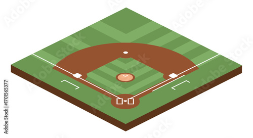 Isometric view of a baseball field with bases, infield, and outfield, presented in a clean, vector graphic style.
