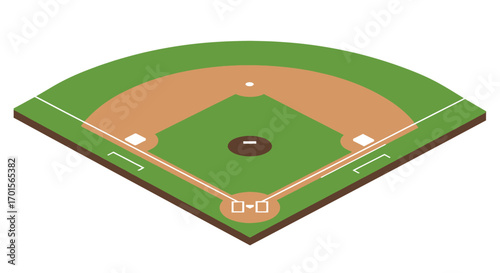 Isometric illustration of a baseball field with green grass, brown dirt infield, and clearly marked bases.