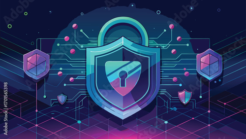 Digital security and protection concept represented by shield with padlock icon in technology circuit background.
