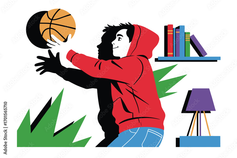 Fototapeta premium Young person in red hoodie practicing basketball indoors near books and lamp