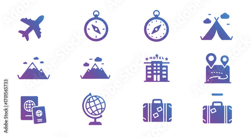 Collection of travel symbols representing journey and exploration in minimalist style, suggesting adventure and discovery.