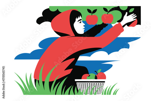Young person in red hoodie reaching for ripe apples in a basket during harvest